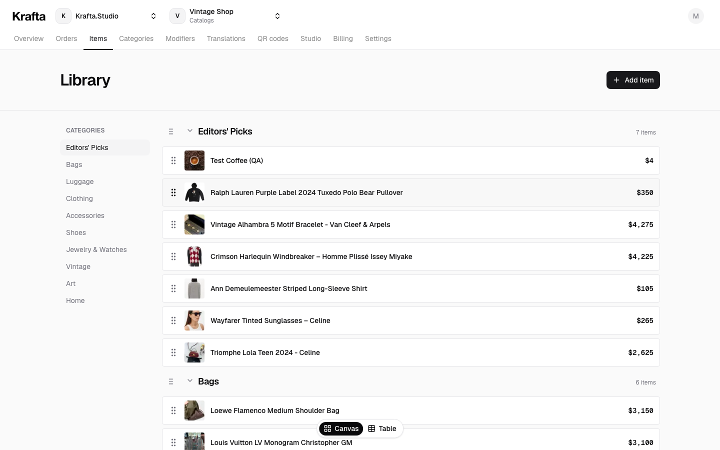Krafta menu editor